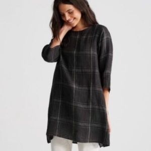 Eileen Fisher Organic Linen Plaid Tunic Dress Black/Cream Petite M